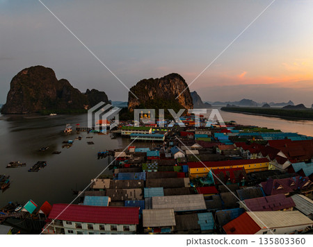 Aerial view of Panyee island in Phang Nga Thailand,Wide angle landscape Floating village, Koh Panyee fishing village island in Phang Nga, Thailand 135803360