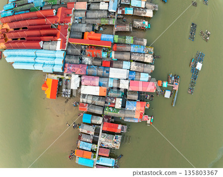 Aerial view of Panyee island in Phang Nga Thailand,Wide angle landscape Floating village, Koh Panyee fishing village island in Phang Nga, Thailand 135803367