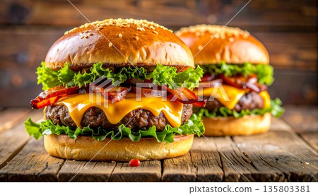 A detailed close-up photograph of a gourmet double cheeseburger 135803381