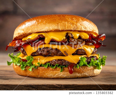 A detailed close-up photograph of a gourmet double cheeseburger A detailed close-up photograph of a gourmet double cheeseburger 135803382