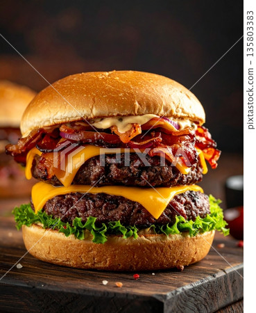 A detailed close-up photograph of a gourmet double cheeseburger A detailed close-up photograph of a gourmet double cheeseburger 135803383