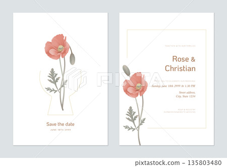 Floral wedding invitation card template design, red poppy flowers with leaves on white 135803480