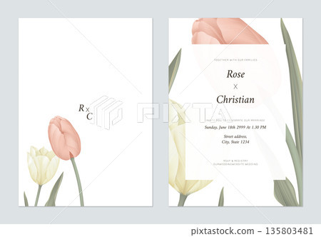 Floral wedding invitation card template design, pink and yellow tulips and leaves on white 135803481