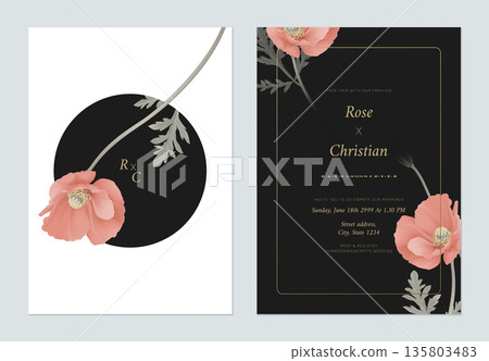 Floral wedding invitation card template design, red poppy flowers with leaves 135803483
