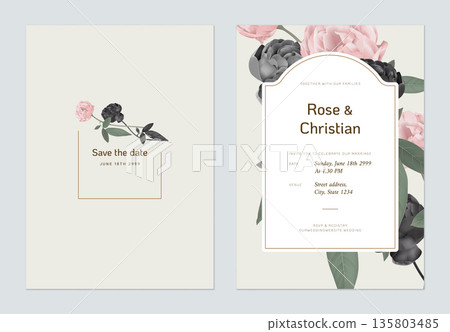 Floral wedding invitation card template design, black and pink rose with leaves Floral wedding invitation card template design, black and pink rose with leaves 135803485
