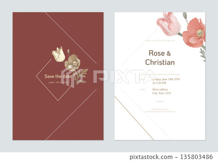 Floral wedding invitation card template design, tulip and poppy flowers 135803486