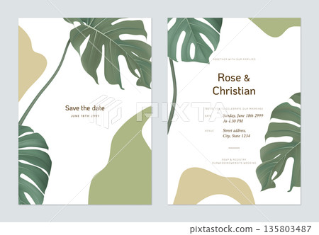 Floral wedding invitation card template design, Split-leaf Philodendron on white 135803487