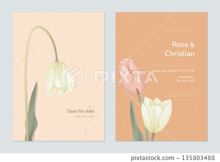 Floral wedding invitation card template design, yellow and pink tulip flowers with lives 135803488