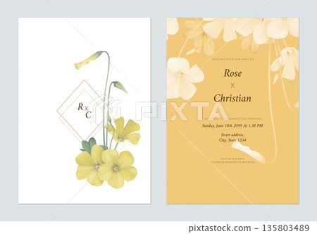 Floral wedding invitation card template design, Oxalis stricta flowers and leaves Floral wedding invitation card template design, Oxalis stricta flowers and leaves 135803489