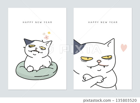 New Year greeting card template design, funny cat character 135803520