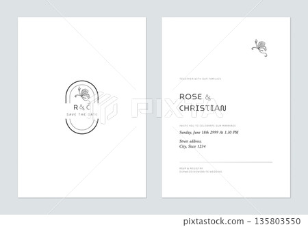 Minimal floral wedding invitation card template design, vintage floral line art ink drawing decorated on oval frame Minimal floral wedding invitation card template design, vintage floral line art ink drawing decorated on oval frame 135803550