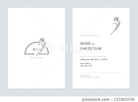 Minimal floral wedding invitation card template design, vintage tulip line art ink drawing decorated on half circle frame Minimal floral wedding invitation card template design, vintage tulip line art ink drawing decorated on half circle frame 135803556