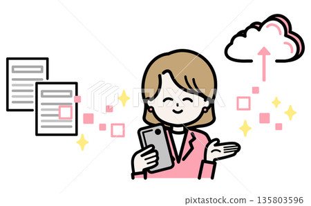 透過數位轉型提高業務效率並實現無紙化營運的圖示：商務人士將文件遷移到雲端 135803596