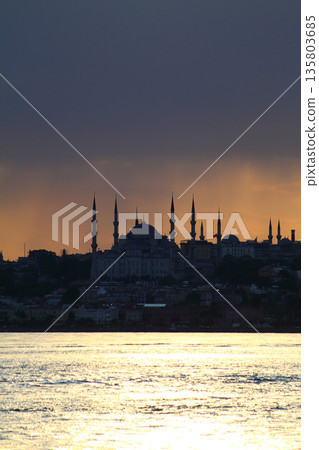 Sillhouette of Istanbul at sunset. Ramadan time with the muslim city istanbul silhouette Sillhouette of Istanbul at sunset. Ramadan time with the muslim city istanbul silhouette 135803685
