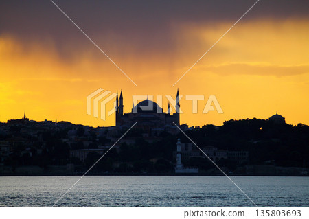 Sillhouette of Istanbul at sunset.  Ramadan time with the muslim city istanbul silhouette 135803693