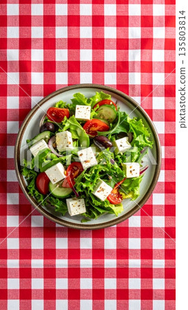 Feta Cheese Salad on Gingham Tablecloth Feta Cheese Salad on Gingham Tablecloth 135803814