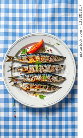 Grilled Sardines on Gingham Tablecloth Grilled Sardines on Gingham Tablecloth 135803817