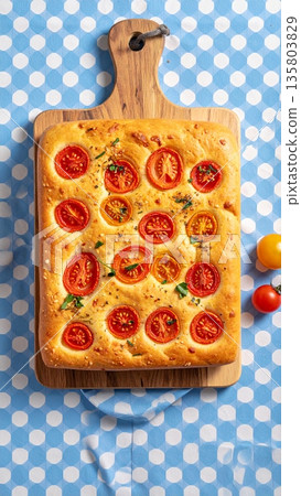 Focaccia Bread on Gingham Tablecloth Focaccia Bread on Gingham Tablecloth 135803829