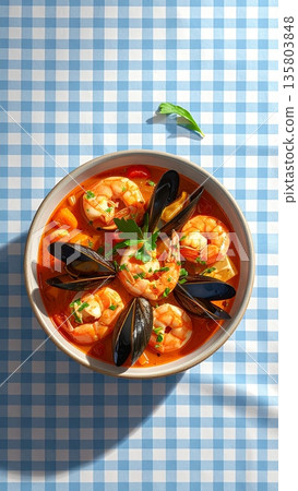 Bouillabaisse on Gingham Tablecloth Bouillabaisse on Gingham Tablecloth 135803848