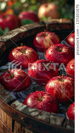Red Apples Floating in Wooden Barrel in the Countryside Red Apples Floating in Wooden Barrel in the Countryside 135803876
