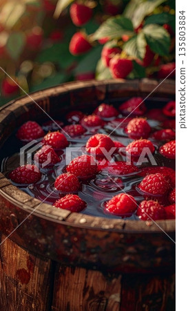 Raspberries Floating in Wooden Barrel in the Countryside Raspberries Floating in Wooden Barrel in the Countryside 135803884