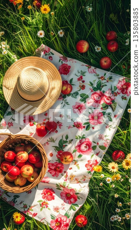 Floral Picnic Blanket with Wicker Basket Apples and Straw Hat 135803885