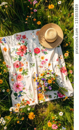 Floral Picnic Blanket with Wildflower Bouquet and Straw Hat Floral Picnic Blanket with Wildflower Bouquet and Straw Hat 135803889