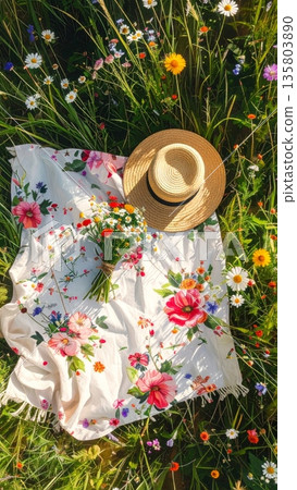 Floral Picnic Blanket with Wildflower Bouquet and Straw Hat Floral Picnic Blanket with Wildflower Bouquet and Straw Hat 135803890