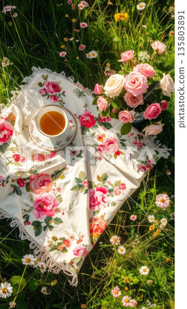 Floral Picnic Blanket with Porcelain Tea Cup and Rose Vase 135803891