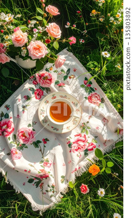 Floral Picnic Blanket with Porcelain Tea Cup and Rose Vase 135803892