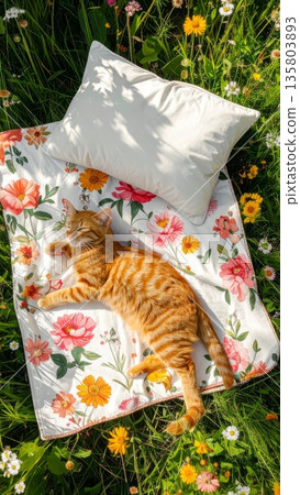 Floral Picnic Blanket with Cotton Pillow and Ginger Cat Floral Picnic Blanket with Cotton Pillow and Ginger Cat 135803893