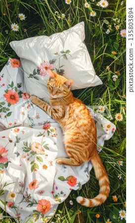 Floral Picnic Blanket with Cotton Pillow and Ginger Cat Floral Picnic Blanket with Cotton Pillow and Ginger Cat 135803894