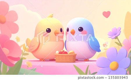 Lovebirds Picnic in Flower Garden 135803943