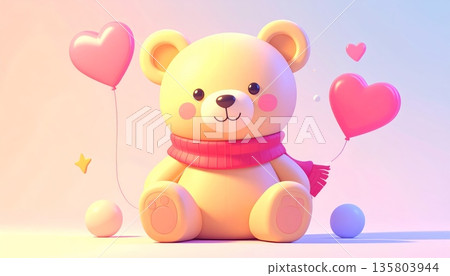 Teddy Bear with Red Scarf and Heart Balloons Teddy Bear with Red Scarf and Heart Balloons 135803944