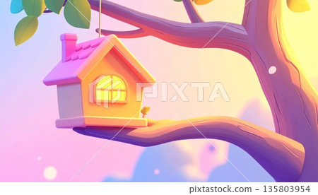 Birdhouse Hanging on Big Tree Branch 135803954