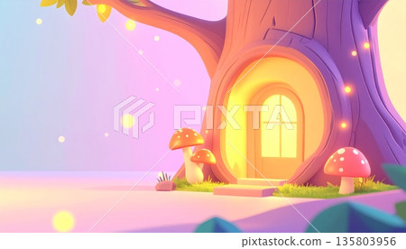 Wooden House Inside Tree Hollow with Fireflies 135803956