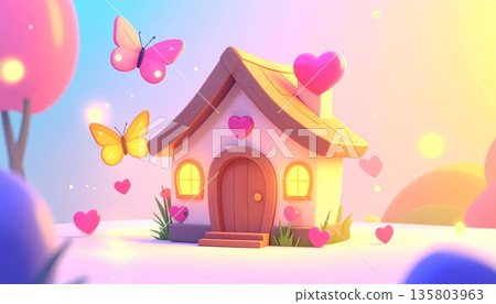Wooden House with Heart Decor and Glowing Butterflies Wooden House with Heart Decor and Glowing Butterflies 135803963