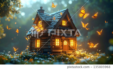 Old Book House with Magical Butterflies 135803968
