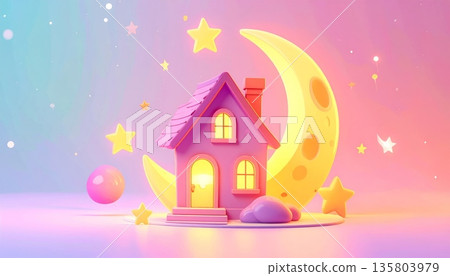Glowing Moon House with Shining Stars 135803979