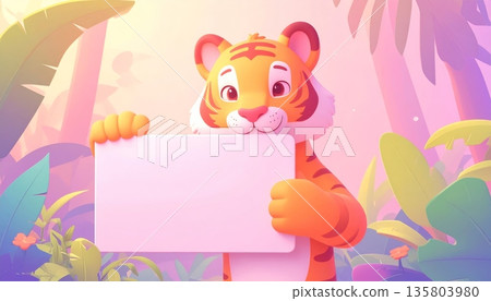 Tiger Holding Blank Sign in Tropical Rainforest 135803980