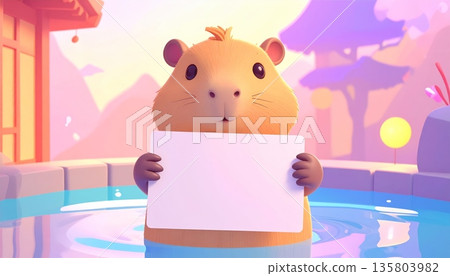Capybara Holding Blank Sign at Onsen Pond 135803982