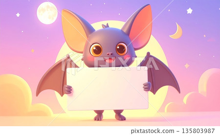 Bat Holding Blank Sign Under Full Moon Bat Holding Blank Sign Under Full Moon 135803987