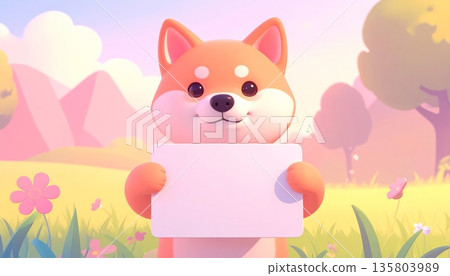 Shiba Inu Holding Blank White Sign in Sunny Meadow Shiba Inu Holding Blank White Sign in Sunny Meadow 135803989