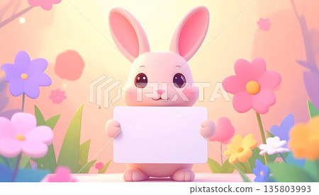 Rabbit Holding Blank Sign in Spring Flower Garden 135803993