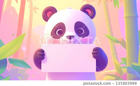 Panda Holding Blank Sign in Green Bamboo Forest 135803999