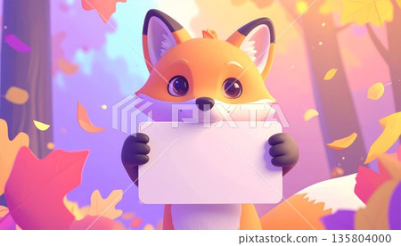 Fox Holding Blank Sign in Autumn Forest 135804000