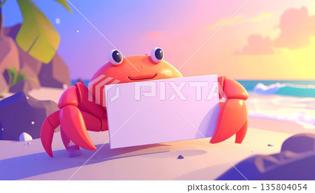 Crab Holding Blank Sign on Bright Beach 135804054