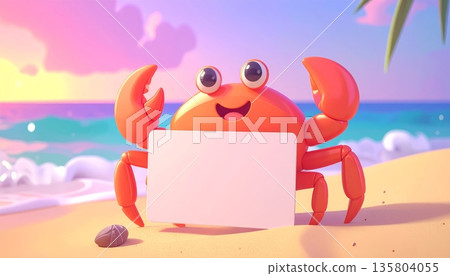 Crab Holding Blank Sign on Bright Beach 135804055