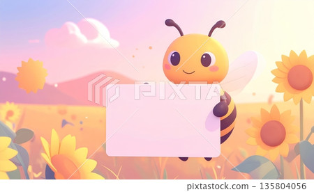 Bee Holding Blank Sign in Sunflower Field 135804056