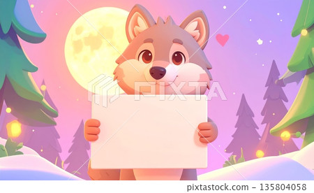 Wolf Holding Blank Sign in Night Pine Forest 135804058